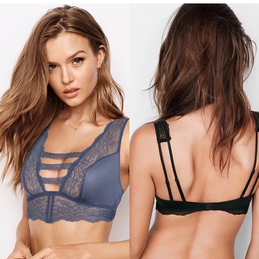 Victorias Secret Soft Satiny Lace Plunge Sexy Strappy bralette bra blue